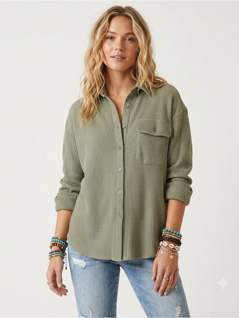 Buffalo Olive Green Cozy Thermal Waffle Knit Button-Up Shirt